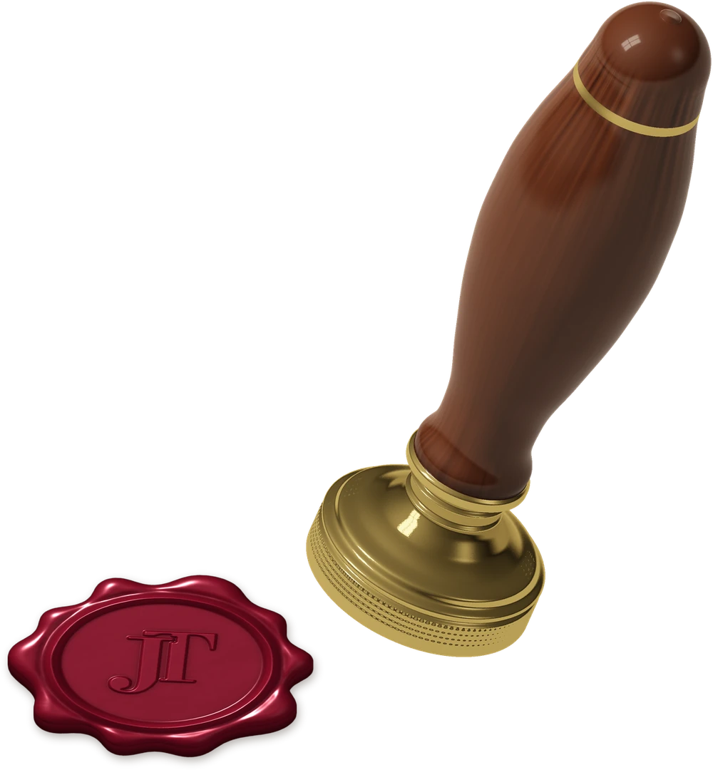 A burgundy wax seal embossed with JT, and the brass stamp with a rosewood handle just lifted from it